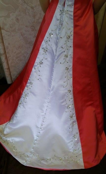 coral and white flower girl dress with train